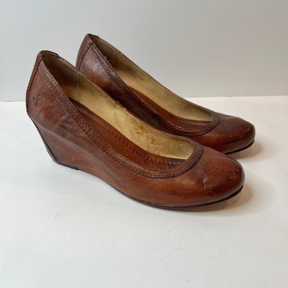 Frye Carson Wedge Pump Women 8M Cognac Brown Leather Wrapped High Heel Round Toe